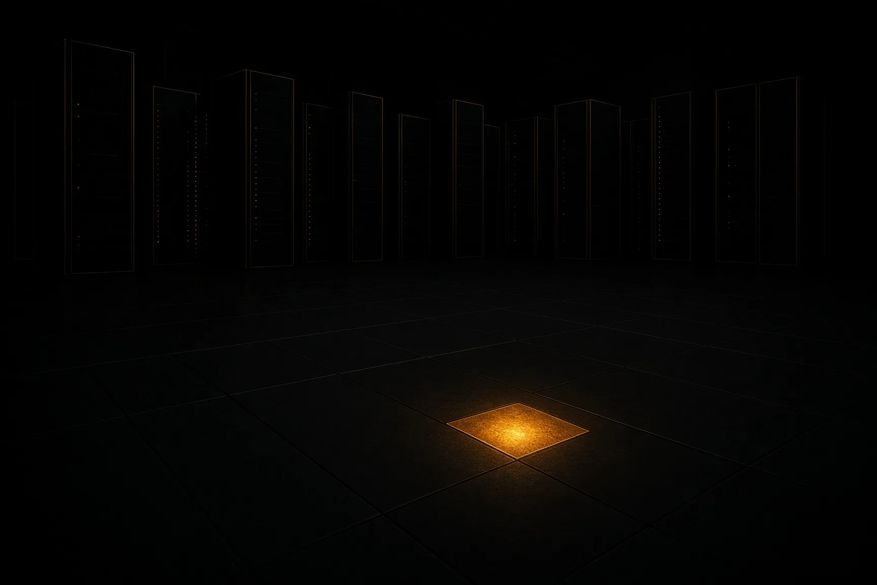 A single lit tile glowing amber on a dark, unmarked grid floor, server racks waiting in the shadow beyond it.