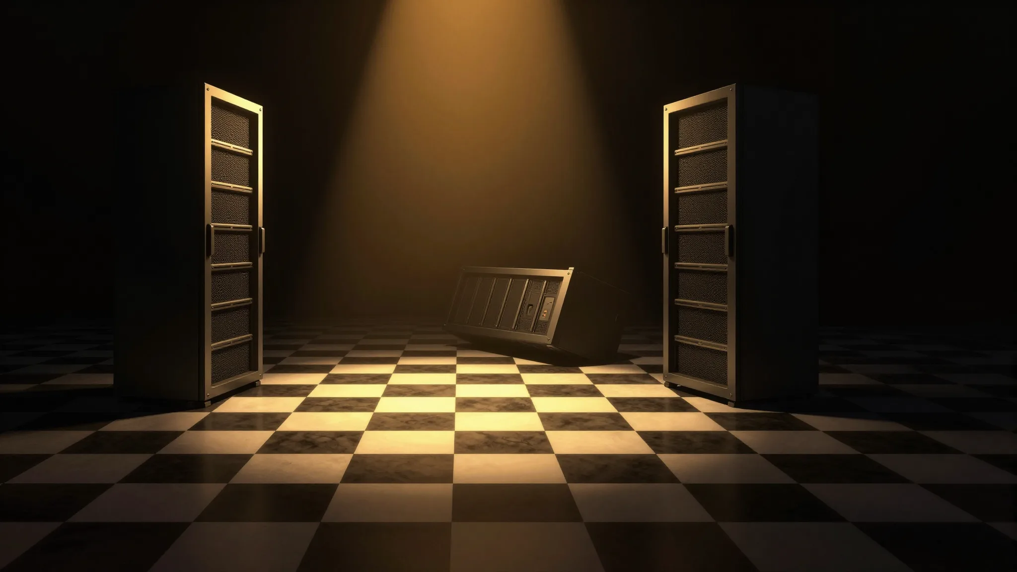 Two server cabinets facing each other across a chessboard floor, a third toppled in the shadows between them.
